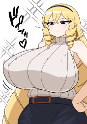 0825gensou 1girls :< belt berun_(zakeruga1zakeru) blonde_hair blush bouncing_breasts child_bearing_hips cowboy_shot drill_hair earrings fair_skin frown gigantic_breasts hairband hand_on_hip heart highres hoop_earrings huge_breasts japanese_text kaneda_maria long_hair looking_down milf mother motion_lines mount_celeb_kaneda-san skirt sleeveless_turtleneck slight_frown solo sparkling_aura turtleneck turtleneck_sweater twin_drills very_long_hair white_sweater wide_hips