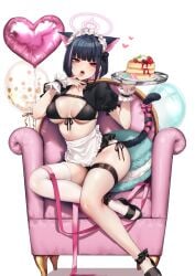 after-school_sweets_club_(blue_archive) asymmetrical_legwear balloon balloons bikini_top blue_archive blush danimaru heart heart_balloon kazusa_(blue_archive) large_breasts macaron maid_headdress maid_uniform naughty_face pancake reverse_maid_uniform sitting sitting_on_sofa thigh_strap toes tongue_out trinity_general_school_student white_background white_thighhighs