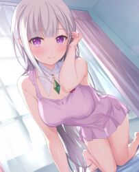 babydoll bed emilia_(re:zero) female jewelry looking_at_viewer moving_hair nightgown purple_eyes re:zero_kara_hajimeru_isekai_seikatsu silver_hair white_hair