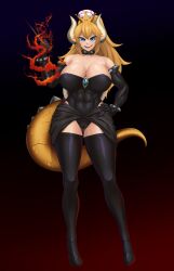 1girls big_breasts big_thighs blonde_hair blue_eyes bowsette breasts curvy earrings female female_only horns mario_(series) nintendo rikatsuky solo tagme thighs