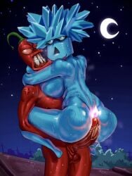 angry blue_body blue_penis blue_skin breasts cock dendra_enigma fire ice-shroom_(pvz) jalapeno_(pvz) night penis plants_vs_zombies pvz red_body red_hair red_penis red_skin zack_main