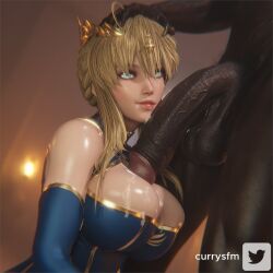 1boy 1girls 3d 3d_(artwork) artoria_pendragon artoria_pendragon_(lancer) big_balls big_breasts big_penis blue_eyes cum_on_breasts currysfm dark-skinned_male fate/grand_order fate_(series) huge_cock huge_penis interracial large_breasts looking_at_viewer penis penis_to_breast royalty