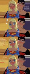 1boy background big_breasts black_hair blonde_hair conner_kent cousin_and_cousin cousins dc dc_comics dialogue djpaint96-ii enjoying female horny_female justice_league_action kara_danvers kara_zor-el kon-el squeezing_breast superboy supergirl titans_on_action