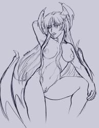 darkstalkers drawn green_hair grimlinpeets morrigan_aensland nude nude_female pussy sketchy succubus wings