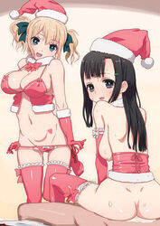 1boy 2girls after_sex ass black_eyes black_hair blonde_hair bottomless breasts christmas clothes color copyright_request cum cum_in_pussy dark_hair gloves green_eyes hair hair_ornament hairpin heart large_breasts light_hair long_hair looking_at_viewer open_mouth pov red_gloves red_legwear red_panties ribbon ribbon_trim santa_gloves santa_hat sex short_twintails simple_background sweat thighhighs tied_hair twintails underwear undressing