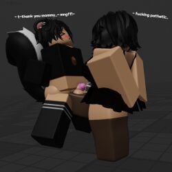 1boy 3d 3d_(artwork) ballbusting chastity_cage cum cum_while_chaste dominant_female female femboy femdom kicked_in_the_balls male miljkfarts_(artist) milky_(miljkfarts) roblox skunk skunk_tail submissive_male