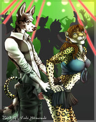 anthro canine clothed clothed_sex clothing duo feline female from_behind_position grey_eyes hoshi_kitsunuki jaguar knot male mammal open_mouth open_pants pants penetration penis public rave sex shirt smile spots standing straight vaginal_penetration vest