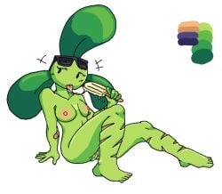 1girls anthro anthrofied bikini blover_(pvz) feet female female_only green_skin humanoid israelss plant_girl plants_vs_zombies popsicle pussy pussy_juice pussy_juice_drip pvz saliva_string scar scars small_breasts wet