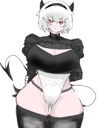 1girls big_breasts blush breasts cleavage cleavage_cutout helltaker horns huge_breasts junjulyyyyyyyy malina_(helltaker) nier:_automata red_eyes skindentation standing tail thick_thighs thigh_gap thighhighs thighs yorha_2b_(cosplay)