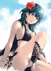 alternate_costume bikini black_bikini black_cape black_swimsuit blue_eyes blue_hair blue_sky breasts byleth_(female)_(fire_emblem) byleth_(female)_(summer)_(fire_emblem) byleth_(fire_emblem) byleth_(fire_emblem)_(female) cape cleavage closed_mouth cloud female female_only fire_emblem fire_emblem:_three_houses fire_emblem_heroes flower hair_between_eyes hair_flower hair_ornament hibiscus lips long_hair looking_at_viewer medium_breasts nintendo official_alternate_costume pink_lips purple_eyes red_flower sideboob sitting sky smile solo swimsuit teal_hair usachu_now