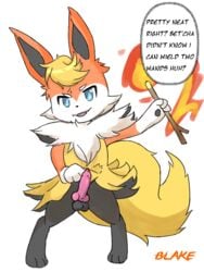 animal_genitalia anthro blaketheflareon blaketheflareon(char) blue_eyes braixen canine eeveelution fire flareon fox fur furry hybrid knot looking_at_viewer male mammal nintendo penis pokémon_(species) pokemon pokemon_(species) semi-anthro speech_bubble text video_games