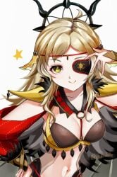 1girls ahoge alternate_costume blonde_hair bodystocking breasts circlet eyepatch feather_collar feather_trim female female_only fire_emblem fire_emblem_fates fire_emblem_heroes hakutou2020 large_breasts long_hair looking_at_viewer navel nintendo o-ring official_alternate_costume ophelia_(fire_emblem) ophelia_(starlit_maiden)_(fire_emblem) shoulder_pads smile solo swept_bangs