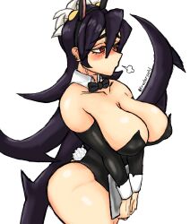 1girls black_hair blush bow bowtie breasts breath cleavage collarbone cowboy_shot detached_collar detached_sleeves female filia_(skullgirls) frederpahl highres large_breasts leotard long_hair playboy_bunny purple_hair rabbit_ears rabbit_tail red_eyes skullgirls solo thick_thighs thighs wrist_cuffs