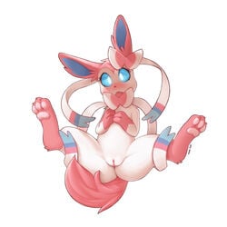 2016 blush derpah female feral hi_res hindpaw looking_at_viewer nintendo open_mouth pawpads paws pokemon pussy simple_background solo spread_legs spreading sylveon video_games white_background