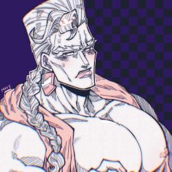 bara bara_tiddies bara_tiddy bara_tits bara_titties blonde_hair blue_eyes diamond_is_unbreakable earrings english_text hairy_chest jjba jojo's_bizarre_adventure keicho_nijimura long_hair male male_only solo solo_focus solo_male sweatdrop