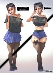 alternate_breast_size blue_eyes butterfly butterfly_tattoo chocker clove_(valorant) collar freckles nipples_visible_through_clothing no_bra purple_lipstick riot_games skirt stockings t-shirt tagme text text_box valorant zergbrush