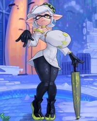 animal_humanoid big_breasts breasts cephalopod cephalopod_humanoid clothed clothing ear_piercing exposed_shoulder female fully_clothed hair hat headgear headwear hi_res huge_breasts humanoid humanoid_pointy_ears inkling marie_(alterna) marie_(splatoon) marine marine_humanoid mollusk mollusk_humanoid nintendo nipple_outline piercing pseudo_hair small_waist snao solo splatoon splatoon_3 splatoon_3:_return_of_the_mammalians tentacle tentacle_hair thick_thighs umbrella white_hair wide_hips