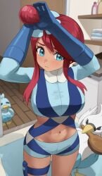 1girls absurdres blue_eyes blue_gloves blush breasts creatures_(company) crop_top ducklett female game_freak gloves hair_ornament highres human jpeg large_breasts long_hair looking_at_viewer midriff navel nintendo one_side_up pearlbbbb pokemon pokemon_(species) pokemon_bw red_hair rubber rubber_clothing rubber_gloves short_shorts shorts sidelocks skyla_(pokemon) solo swanna