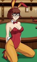 ai_generated ass bigmic145 breasts bunny_ears bunny_girl bunny_tail bunnysuit cartoon_network casino orange_pantyhose pantyhose playboy_bunny red_hair scooby-doo scooby-doo!_mystery_incorporated shoes velma_dinkley velma_dinkley_(mystery_incorporated)