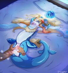 anthro armpits bed blue_eyes cetacean disembodied_hand dragon duo female hair male mammal marine penis pussy shaorune solo_focus tales_of_(series) tales_of_rebirth video_games warabi_tea