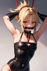 1girls ai_generated armpit armpits arms_above_head arms_behind_head arms_tied arms_up bdsm bdsm_collar bdsm_gear blonde_female blonde_hair blonde_hair_female blush bondage bondage_gear fate/apocrypha fate/grand_order fate_(series) female gag_bondage gagged gagged_female green_eyes latex latex_clothing leather leather_topwear mordred_(fate) ponytail shy_expression small_breasts sweat sweating sweaty