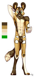 1boy 2016 african_wild_dog anthro aogami balls canine digitigrade ear_piercing flaccid green_eyes looking_at_viewer male male_only mammal penis piercing reverie solo standing uncut