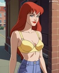 1girls ai_generated blue_eyes bra breasts female female_only light-skinned_female light_skin lipstick marvel marvel_comics mary_jane_watson red_hair red_lipstick solo solo_female spider-man:_the_animated_series straight_hair wide_hips