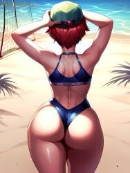 1boy ai_generated ass ass_focus beach big_ass bikini blue_bikini blue_hair cutesyangelx femboy feminine_male from_behind hat males_only narrow_waist otoko_no_ko pale_skin red_hair sand seductive tennis_outfit trap water