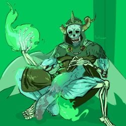 adventure_time anal_sex balls bara big_penis flaccid green_theme horns lifting_clothing male male_only penis pigeonpantonium skeleton solo solo_male spread_legs stomach_bulge the_lich