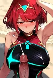 1boy 1girls ai_generated armpit_crease beach blush breasts caramel-skinned_male core_crystal core_crystal_(xenoblade) cum_on_breasts cum_on_face general_gooner half-closed_eyes hand_on_head highres interracial large_breasts latino_male one-piece_swimsuit outdoors pyra_(pro_swimmer)_(xenoblade) pyra_(xenoblade) short_hair tiara xenoblade_(series) xenoblade_chronicles_(series) xenoblade_chronicles_2