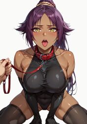 ai_generated bleach curvy gloves hand_behind_head hand_on_hip huge_breasts kiraaiart kneeling large_breasts leash leash_and_collar leash_pull nipples ponytail pose purple_hair shihouin_yoruichi spread_legs submissive thick_thighs thighhighs tight_clothing yellow_eyes