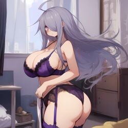 1girls accidental_circumstance ahoge ai_generated big_breasts bra breasts caught garter_belt garter_straps grey_hair hair_over_one_eye hi_res high_resolution highres huge_breasts indoors large_breasts long_hair mei_(2b213) panties purple_eyes self_upload stockings surprised thighs underwear voluptuous_female window