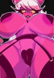 absurd_res breasts burnernsfwart eyelashes facial_tattoo female genitals hair heart_pasties heart_symbol heart_tattoo helluva_boss hi_res horn imp looking_at_viewer makeup pink_body pink_skin pussy solo succubus tattoo thick_thighs verosika_mayday_(helluva_boss)