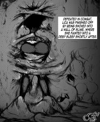 ass big_ass black_and_white black_legwear captured captured_heroine defeated defeated_heroine lica_(oozed) oozed slime stuck trapped