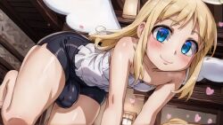 1futa ai_generated angel angel_wings ball_bulge barefoot bent_over big_ass blonde_hair blue_eyes blush bulge crimvael floating full-package_futanari futanari halo happy heart ishuzoku_reviewers long_hair looking_at_viewer penis_bulge slim_waist small_breasts smiling spandex_shorts white_dress