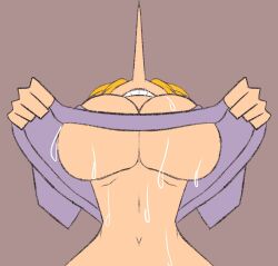 1girls 2d 2d_(artwork) big_breasts blonde_hair blonde_hair_female cartoony cleavage clothed female female_only huge_breasts lifting_shirt light-skinned_female light_skin long_nose no_bra oc original_character patty_(pepperonpatty) pepperonpatty pointy_nose revealing_clothes sweaty sweaty_body toony underboob