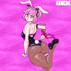 1girls baldecx big_ass bottom_heavy bunny_ears bunnysuit butt doki_doki_literature_club large_ass natsuki_(doki_doki_literature_club) pink_eyes pink_hair rabbit_hole_(cosplay) small_breasts thick_thighs