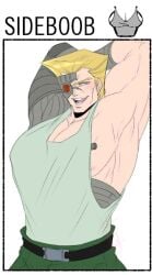 1boy bara bara_tiddies bara_tiddy bara_tits bara_titties battle_tendency belt blonde_hair english_text green_clothes green_pants jojo's_bizarre_adventure male male_only max_the_egg max_the_egg_(artist) muscular muscular_male no_ai pale rudolph_von_stroheim shirt_cut_meme solo solo_focus solo_male uniform uniform_pants