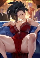 ai_assisted ai_generated bedroom_eyes big_breasts earrings erotic_nansensu momo_yaoyorozu my_hero_academia panties seducing seductive spread_legs thick_thighs