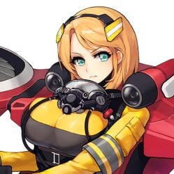 arm_band armband big_breasts blonde_hair color female female_focus female_only firefighter frost_serpent game_cg gas_mask hair_ornament hairband harness jetpack last_origin looking_away serious serious_face serious_look short_hair sima_(startwitch) small_image teal_eyes transparent_background uniform upper_body yellow_uniform