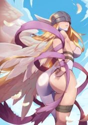 2010s 2018 angel_wings angewomon arm_behind_back ass ass_cutout asymmetrical_ass asymmetrical_ass_cutout asymmetrical_clothes back bare_shoulders belt blonde_hair breasts clothing_cutout covered_eyes cowboy_shot day digimon digimon_(species) digimon_adventure digimon_adventure_tri. female gloves half_ass head_wings helmet highres johnson_zhuang kneepits large_breasts long_hair looking_back multi_wing outdoors rear_view skin_tight skindentation solo standing thigh_gap thigh_strap very_long_hair wedgie wings