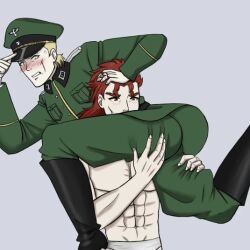 2adults abs adults_only ass battle_tendency blonde_hair blue_eyes blush butt_grab digital_art human_artist jjba jojo's_bizarre_adventure jojo_no_kimyou_na_bouken male_only muscular muscular_male no_ai pillarman pillarmen red_eyes red_hair rudolph_von_stroheim santana sofiko_von_maryama sofiko_von_maryama_(artist) solo uniform