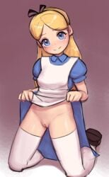 alice_in_wonderland alice_liddell artist_request blonde_hair blue_dress blue_eyes clothing dress_lift indecent_exposure lifted_by_self no_panties pussy smile tagme thighhighs white_thighhighs