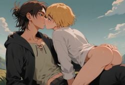 2boys ai_generated anime anime_style armin_arlert ass ass_focus ass_grab attack_on_titan balls blonde_hair blue_eyes brown_hair butt_focus eren_jaeger femboy gay gay_kissing gay_male green_eyes kissing male male/male male_only no_underwear outdoors shirt_only sitting_on_lap sitting_on_person testicles twink yaoi