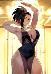 ai_assisted ai_generated armpits arms_up bedroom_eyes big_breasts dancing earrings erotic_nansensu momo_yaoyorozu my_hero_academia pantyless seducing seductive teenager thick_thighs