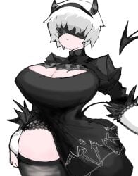 big_breasts blindfold cleavage cleavage_cutout helltaker horns huge_breasts junjulyyyyyyyy malina_(helltaker) nier:_automata standing tail thick_thighs thighhighs thighs white_hair yorha_2b_(cosplay)