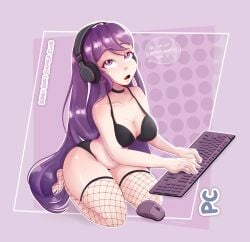 1girls black_bra black_panties bra breasts cleavage collarbone doki_doki_literature_club english_text fishnet_legwear fishnets keyboard keyboard_(computer) legwear long_hair mouse_(computer) mouth_open open_mouth panties purple_eyes purple_hair text wormy_gums wormy_gums yuri_(doki_doki_literature_club)