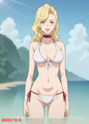 1female 1girls ai_generated ballroom_e_youkoso beach blonde_hair bubbleteexl female female_only looking_at_viewer marisa_hyoudou sea thigh_gap