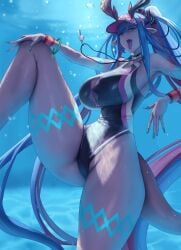 1girls aqua_hair breasts cleavage demon demon_girl eu03 fate/grand_order fate_(series) female hips horns huge_breasts ibuki_douji_(fate) long_hair massive_breasts multicolored_hair naughty_face oni oni_horns pink_hair purple_body red_eyes solo tail thick_thighs thighs twintails two_tone_hair wide_hips