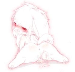 2018 after_vaginal blush bodily_fluids canid canine chibi colored_line_art cum deaic ejaculation female genital_fluids hi_res kemono mammal pussy_ejaculation rear_view red_eyes red_line_art solo vaginal_fluids